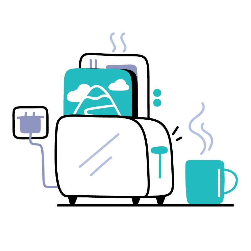 Illustration of a toaster with images and messages coming out of it