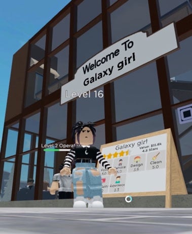 Roblox character stands outside restaurant Galaxy Girl