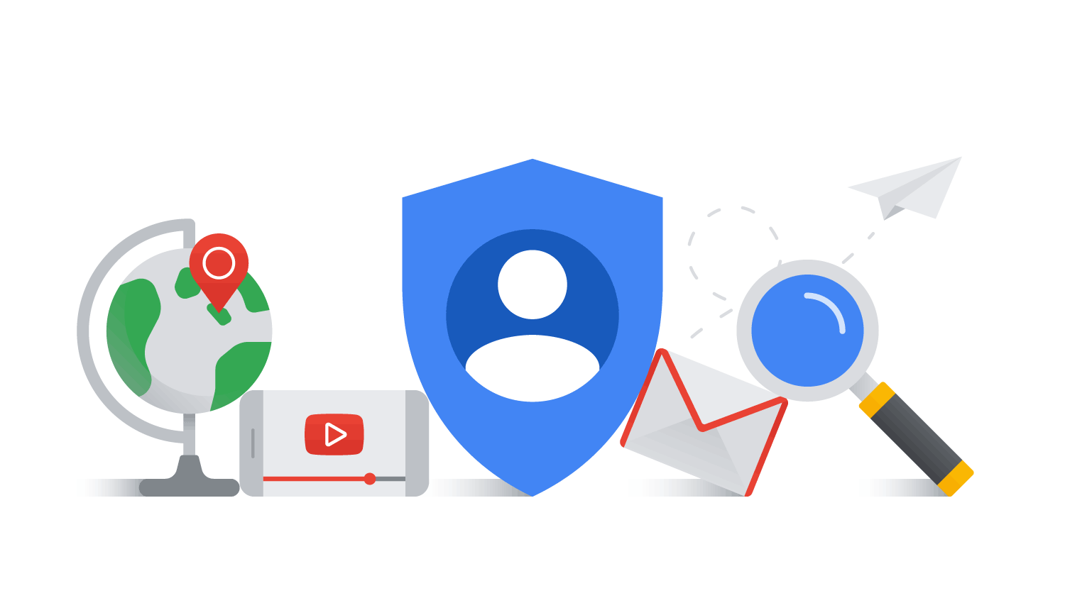 Globe, YouTube icon, shield, mail, and magnifying glass icons placed together